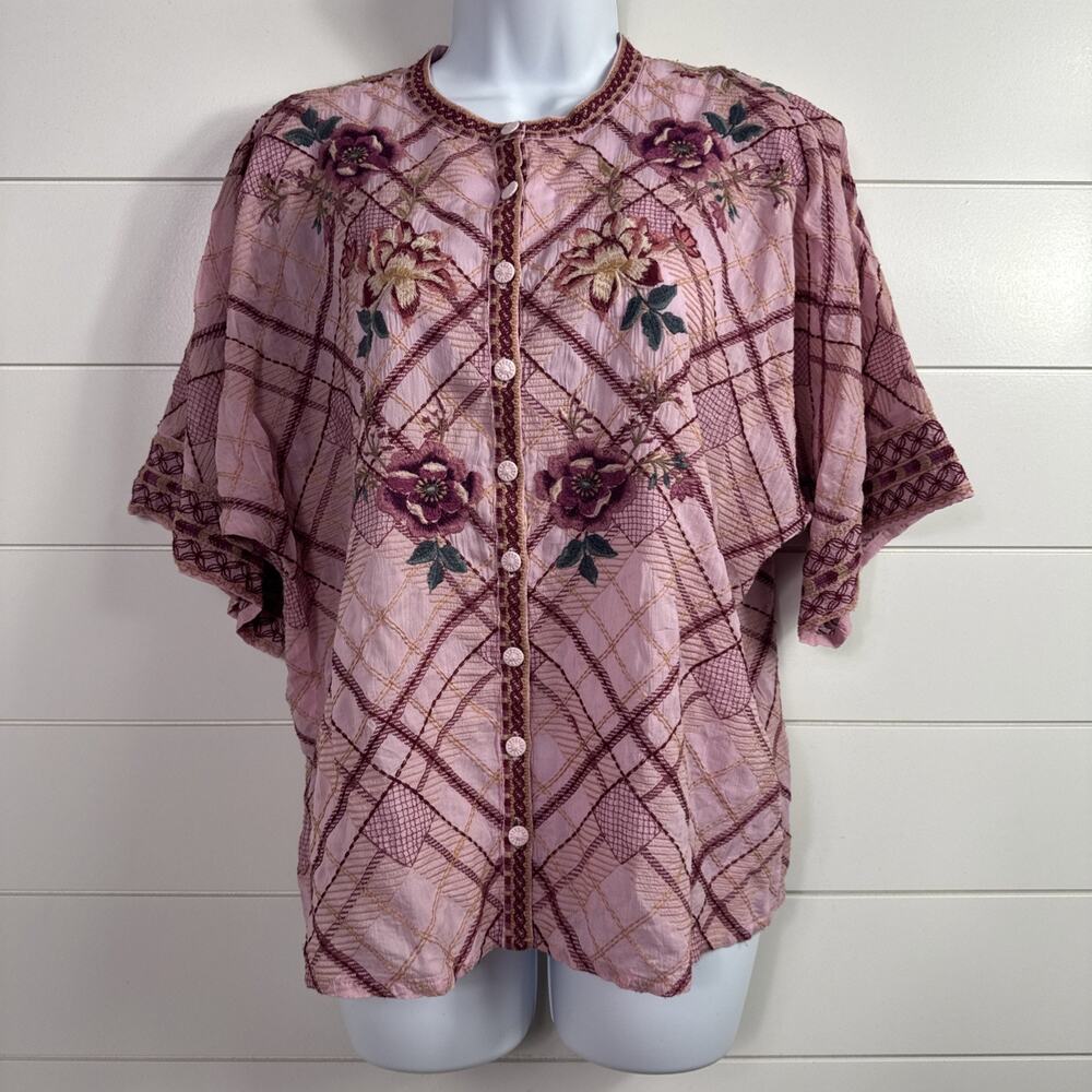 Johnny Was Roylane Blouse Cherie Pink Floral Embroidery Button Front sz S